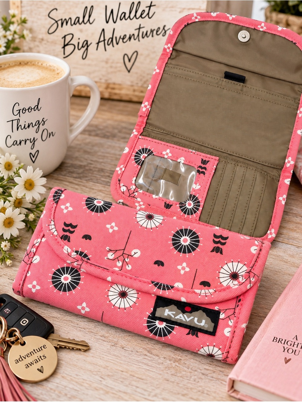 KAVU Big Spender Canvas Tri-Fold Wallet - Pink Floral Burst